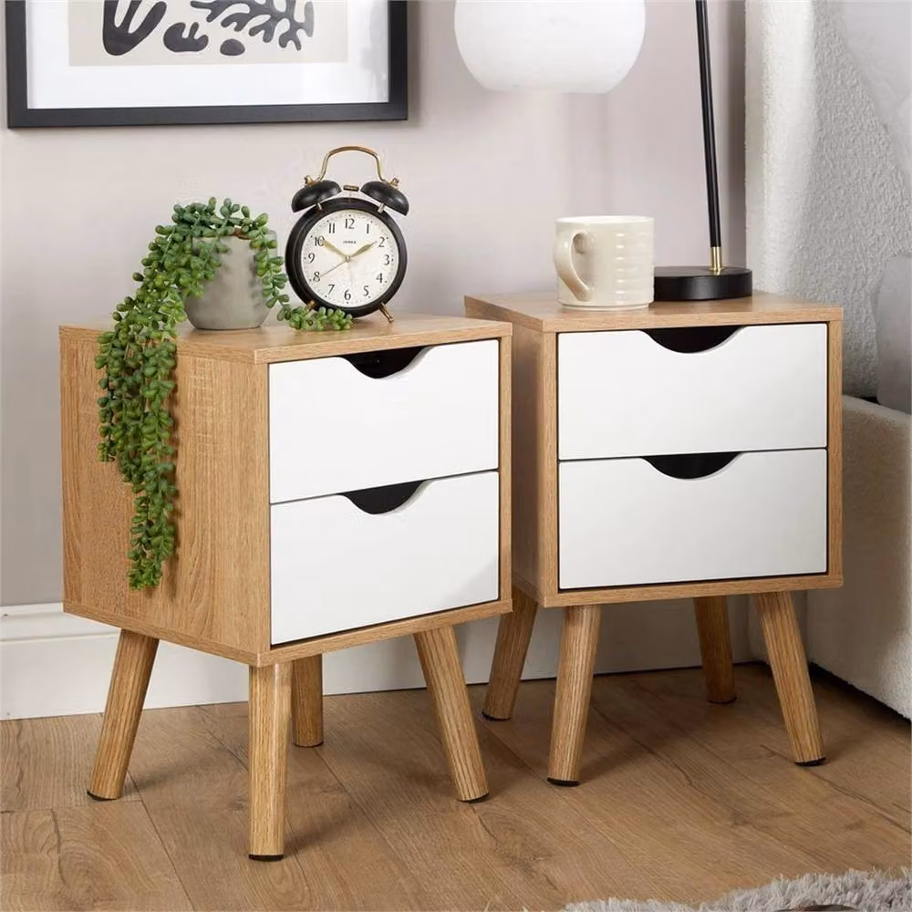 Nordara Set of 2 Oak White Bedside Cabinets with 2 Drawers and Wooden Legs in Brown – 5