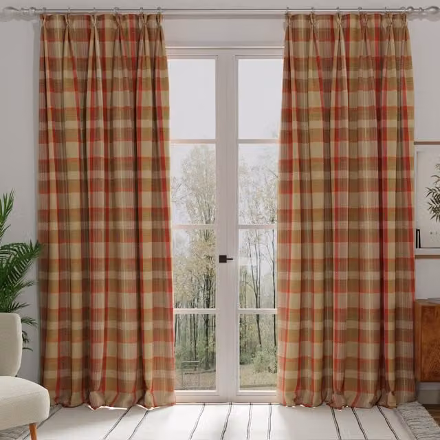 Terrys Cardinal Red Checked Blackout Fabric Panel Curtain with Pencil Pleat Tape