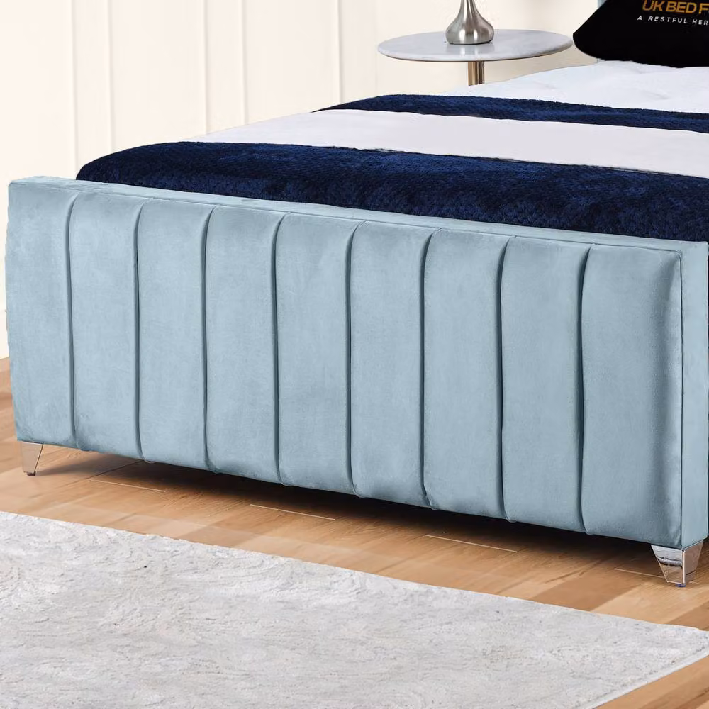 UK Bed Furniture Empire Winged Slatted Base Upholstered Velvet Bed in Light Blue, Size: Double (140 x 200 cm) – 3