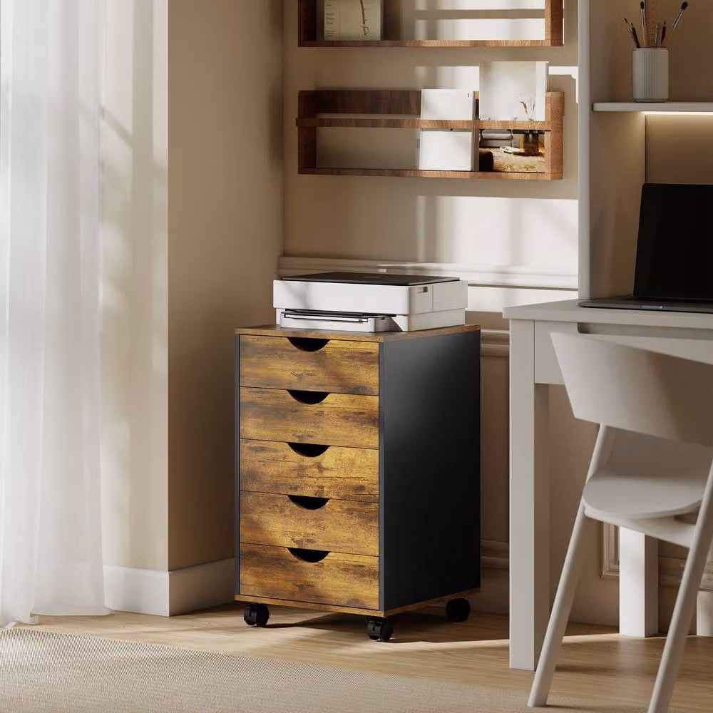 STILVORA Five-Drawer Filing Cabinet with Wheels in Brown – 3