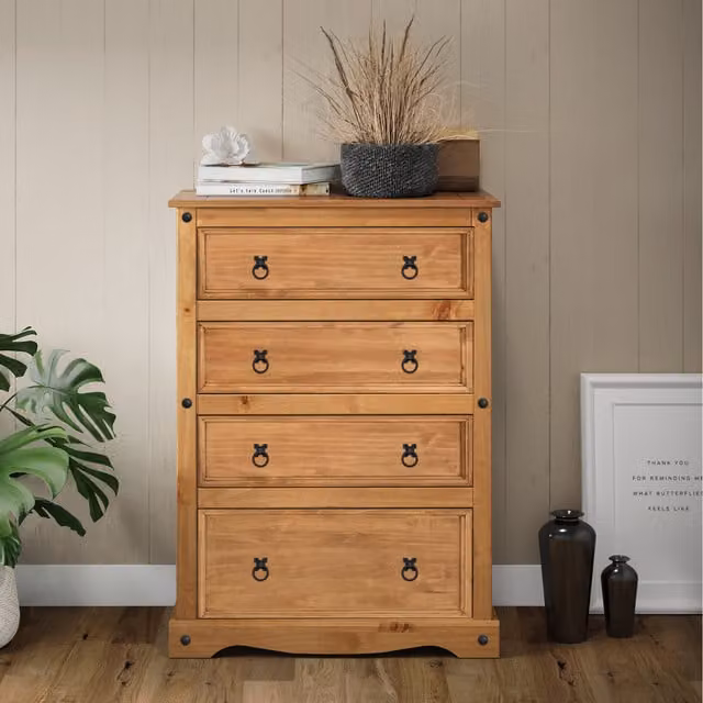 Mercers Furniture Corona Compact 4 Drawer Chest of Drawers in Antique Wax Solid Pine Wood, W/D/H: 82 x 40 x 113 cm