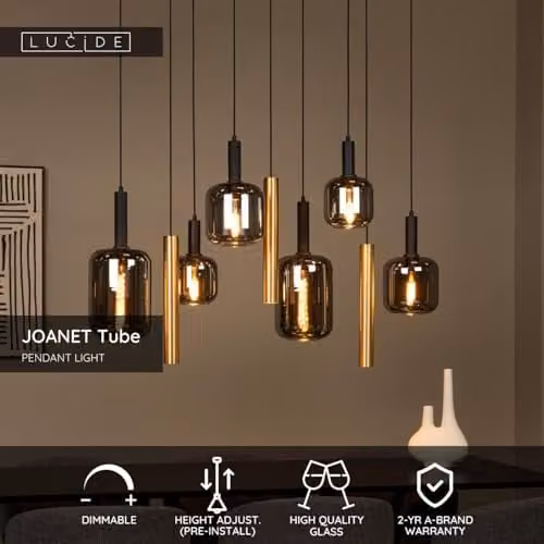 Lucide Joanet Suspended Pendant Light in Gold/Brass with Glass Details, Height Adjustable and Dimmable