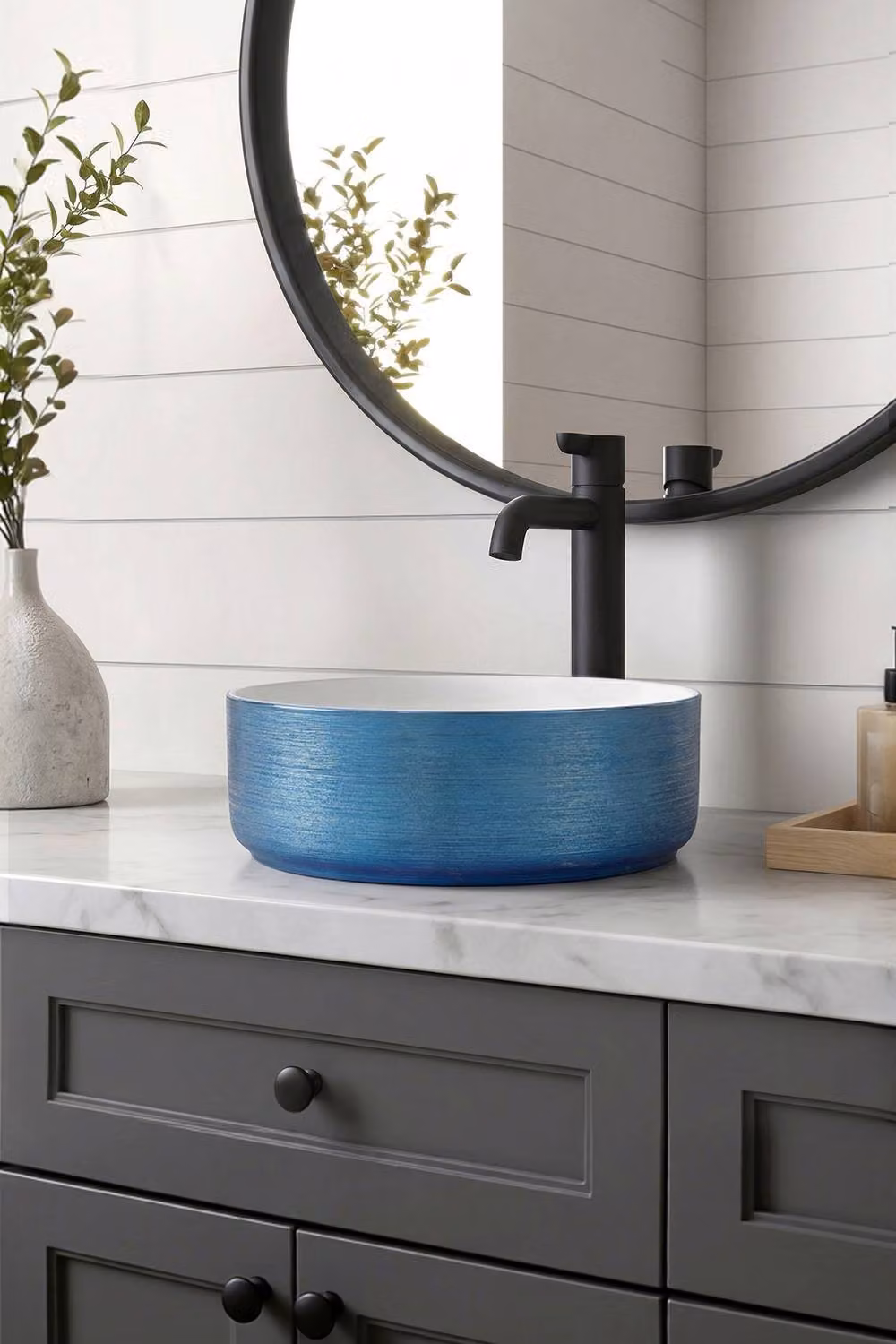 Living and Home Round Ceramic Countertop Vessel Washbasin Sink in Blue, W/D/H: 36.0 x 36.0 x 12.5 cm – 3