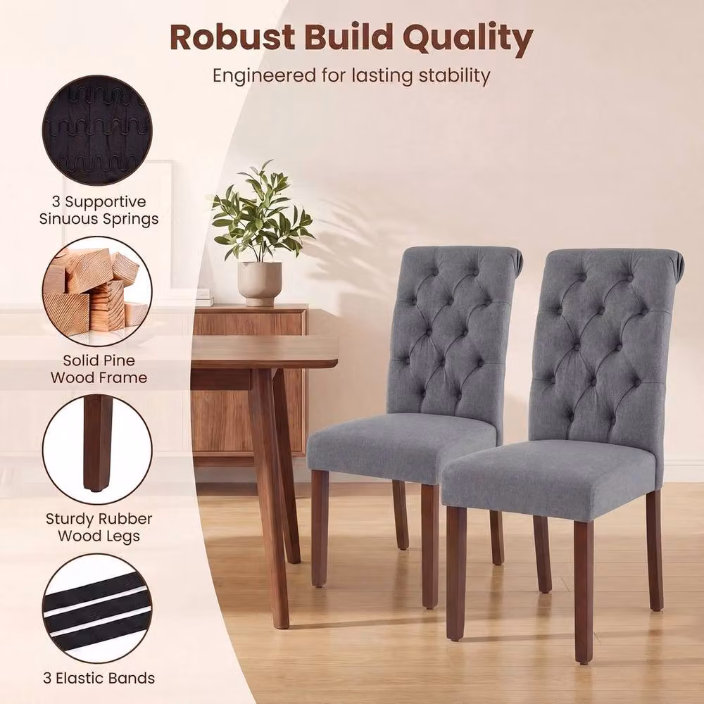 Havendro 2 Pack Button Tufted Padded Upholstered Dining Chairs in Grey Fabric with Wood Legs – 3