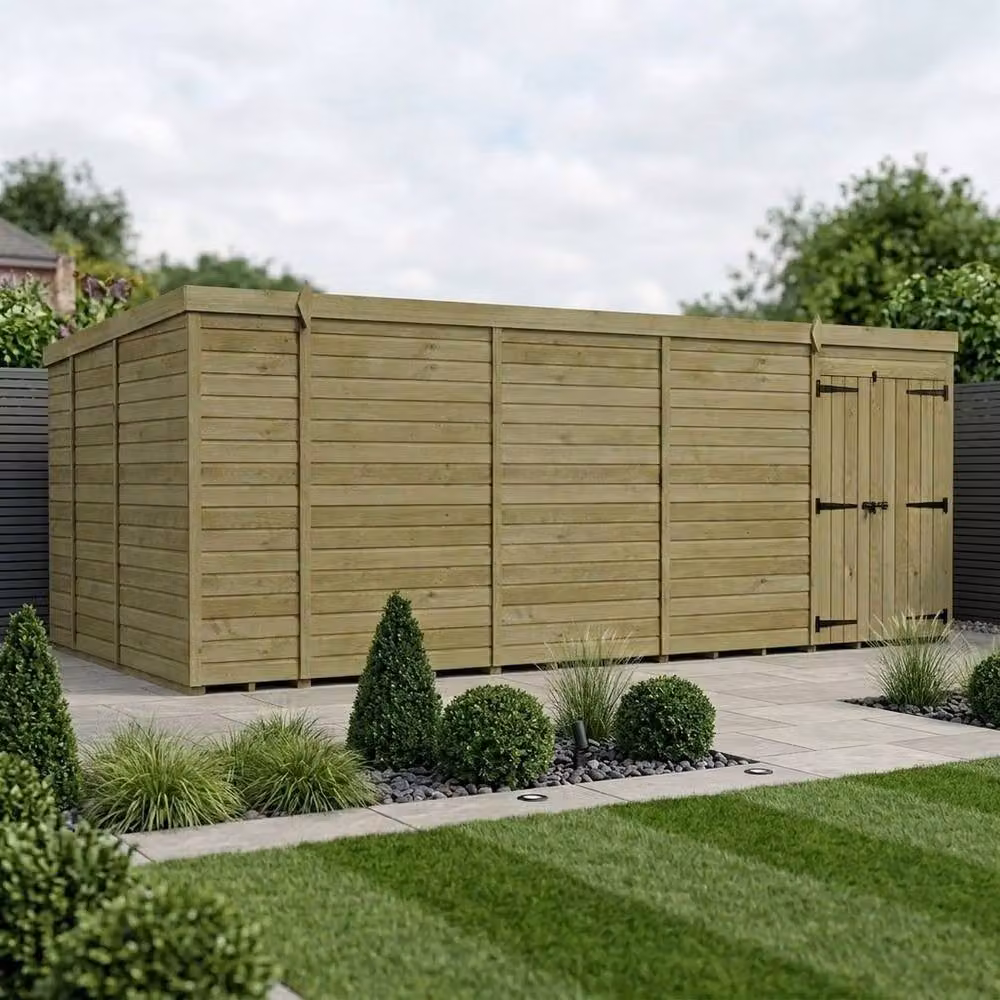 Buttercup Farm Brown Timber Pent Garden Shed with Double Doors, W: 548.64 cm, D: 274.32 cm, H: 210 cm – 2