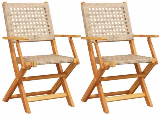 Berkfield Home Set of 2 Beige Garden Chairs in Acacia Wood and Poly Rattan – 1