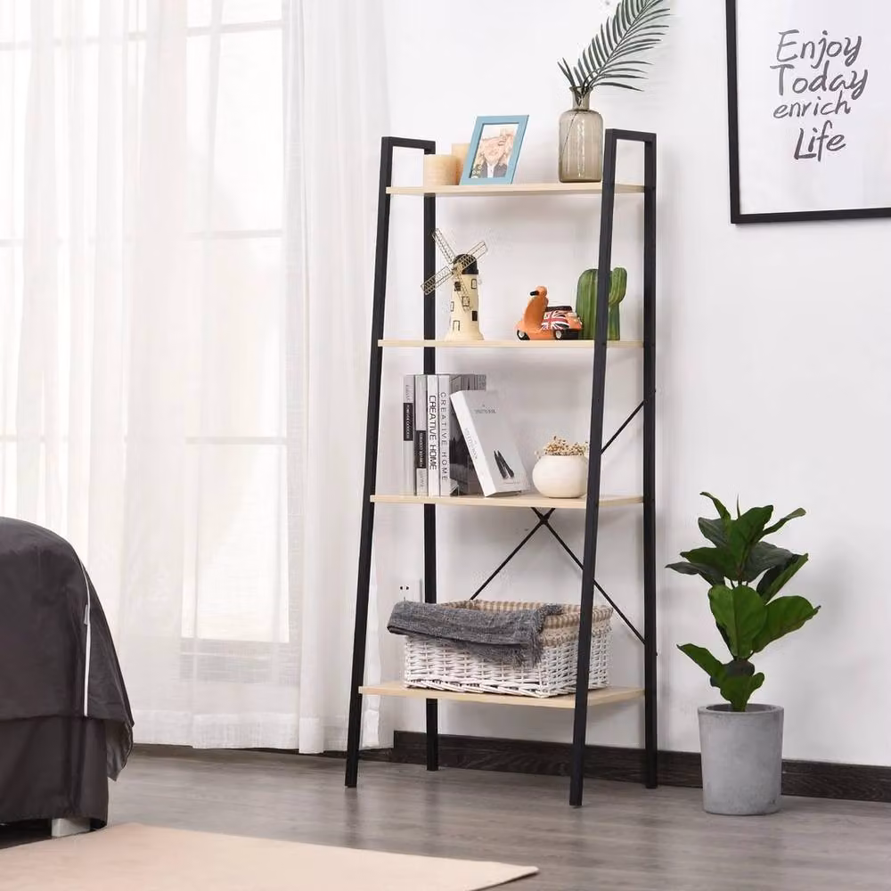 NESTLUNE 4-Tier Minimalist Ladder Shelf Unit in Matt Black Metal and MDF, Height: 100 cm, Depth: 15 cm – 3