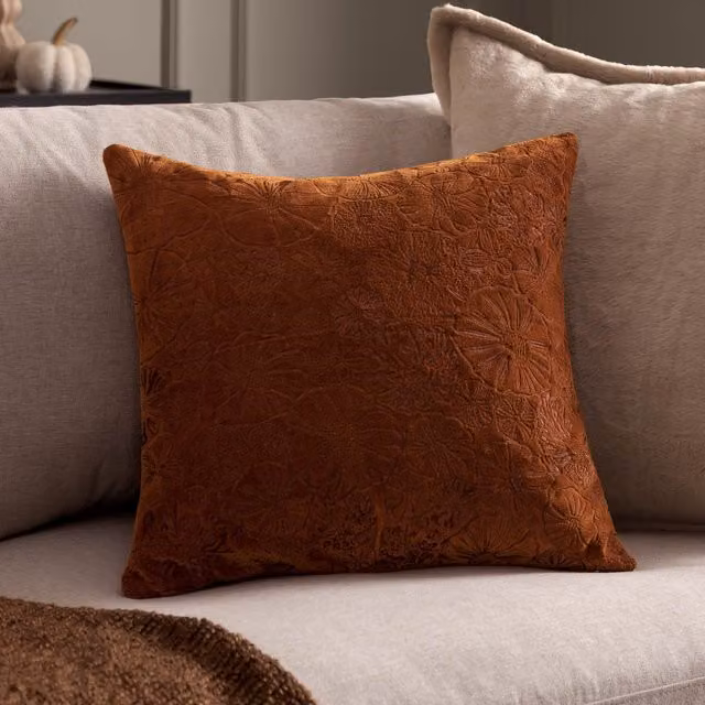 Make it a Home Picking Patch Embroidered Velvet Cushion in Pumpkin Orange and Brown with Feather and Polyester Filling