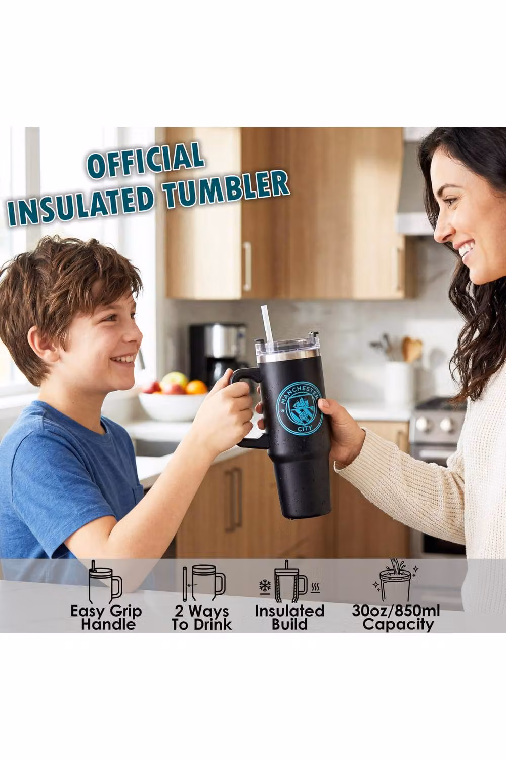 Get Trend Manchester City Insulated Stainless Steel Tumbler with Straw and Handle, 850ml, Black – 7