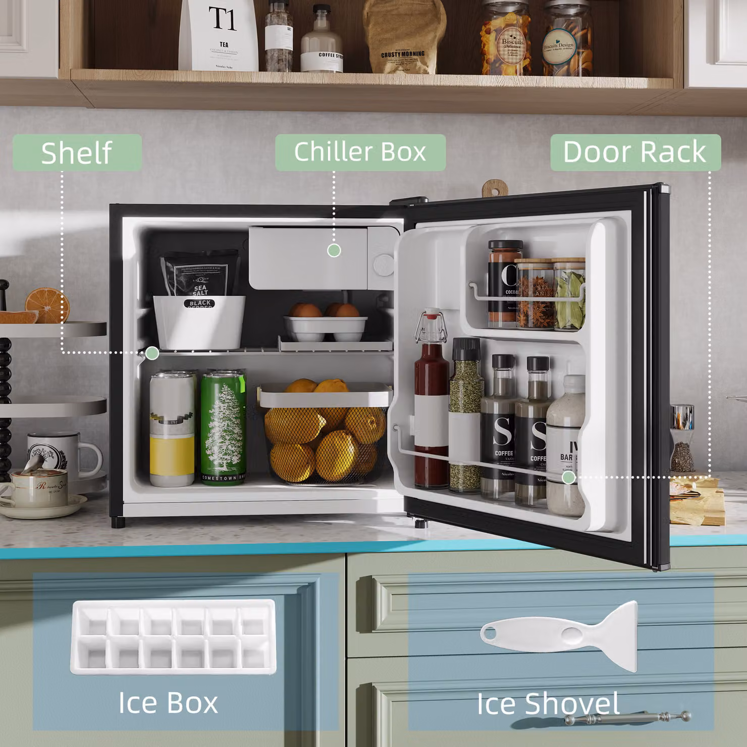HOMCOM 46L Countertop Mini Fridge with Chiller Box and Reversible Door in Black – 4