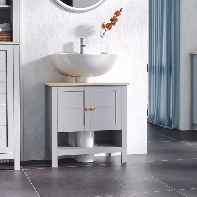Kleankin Bathroom Under Sink Cabinet with Adjustable Internal Shelves and Hinged Doors, White and Grey