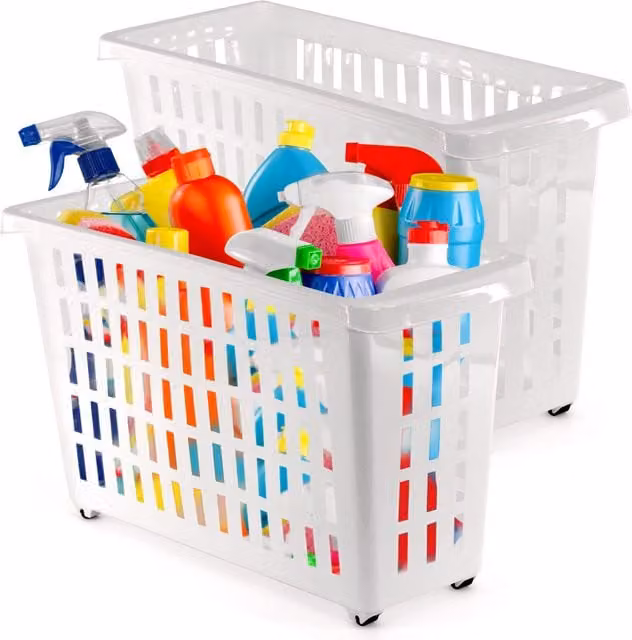 Geezy Set of 2 White Plastic Storage Baskets with Wheels