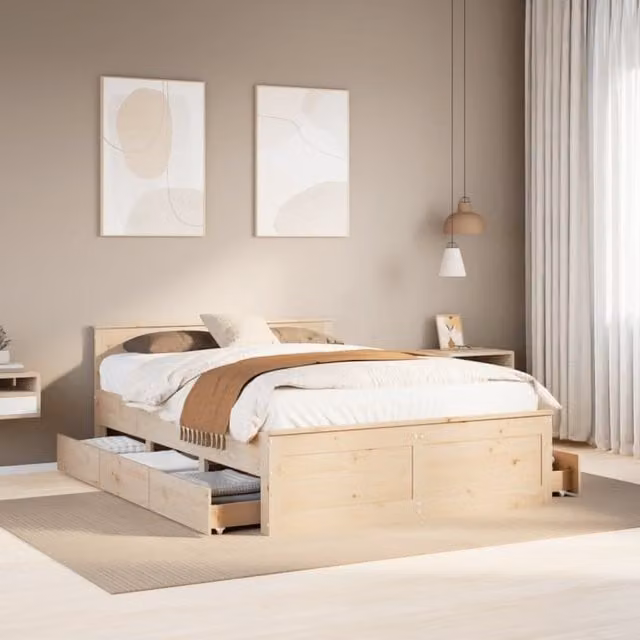 Berkfield Home King Size Solid Wood Pine Bed Frame with Headboard in Brown, W/D/H: 150 x 200 cm – 1
