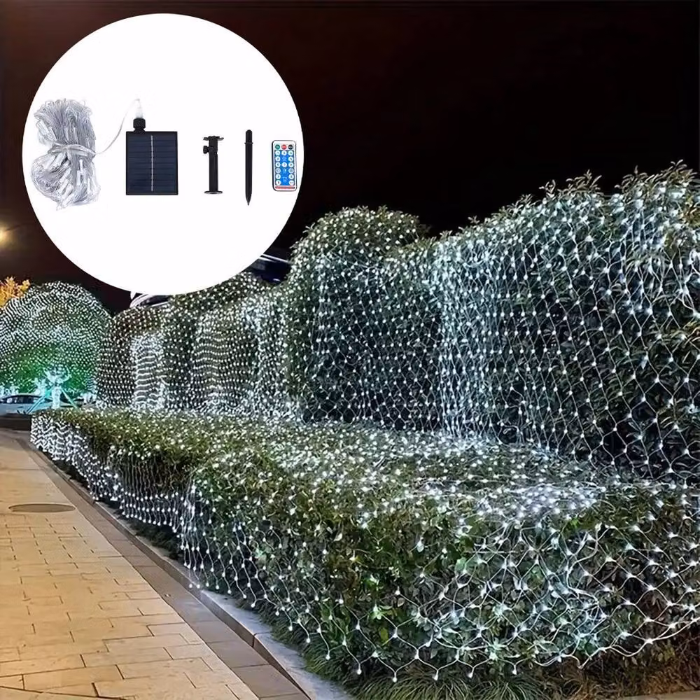 FLAVORA Solar LED Net Mesh Curtain Fairy String Lights in Black with Remote Control and Timer, Warm White – 3