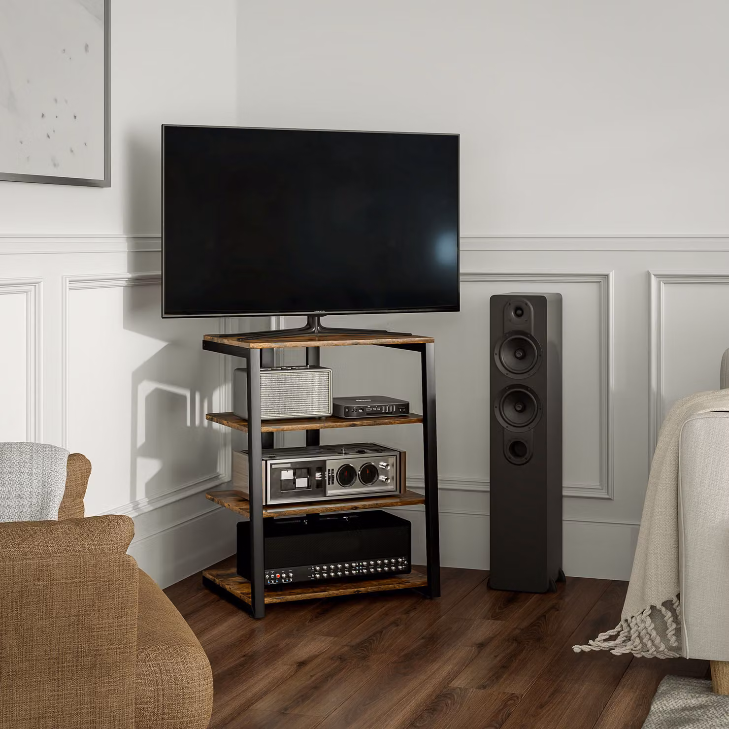 HOMCOM HiFi Stand with Four Adjustable Storage Shelves in Rustic Brown – 9