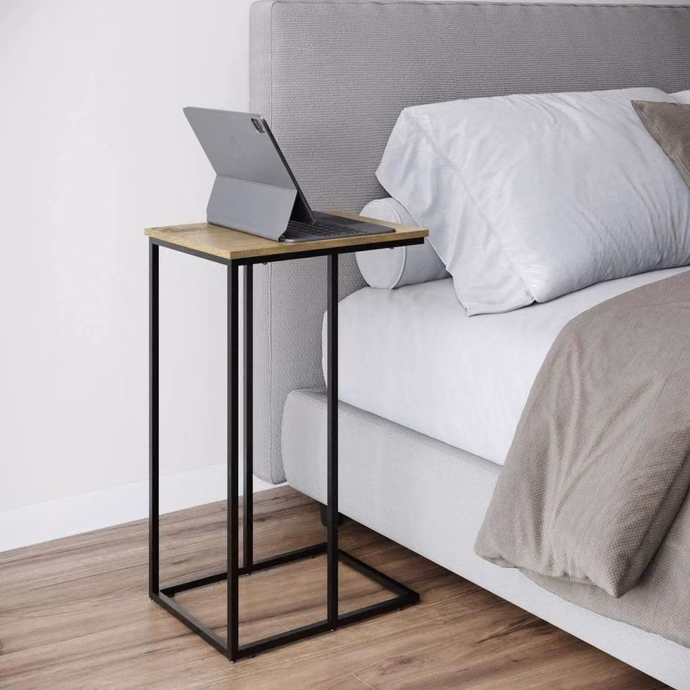 FORGEVIO Modern C-Shaped Industrial Side Table with Oak Top and Black Steel Frame, W/D/H: 30 x 30 x 66 cm – 2