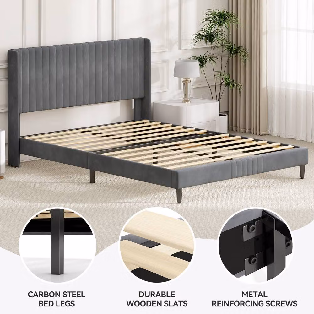 MCC Direct Charlie Velvet Upholstered Single Bed Frame with Channel Headboard in Dark Grey, W/D/H: 90 x 200 cm – 3
