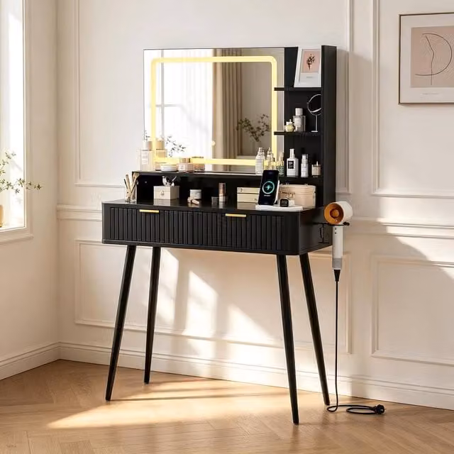 London Boutique Modern Makeup Vanity Desk with LED Mirror and Power Outlet in Black and Gold