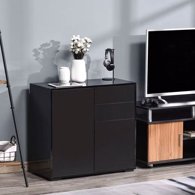 HOMCOM Modern Glossy Black Push Open Side Cabinet with 2 Drawers and Door