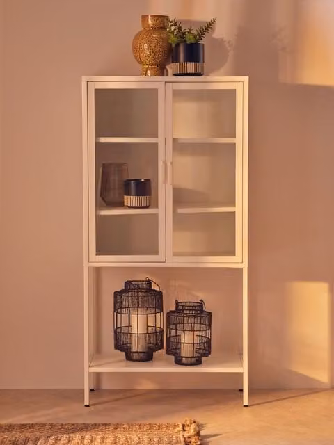 Orsina Industrial White Metal and Glass Two Door Storage Cabinet with Internal Shelves