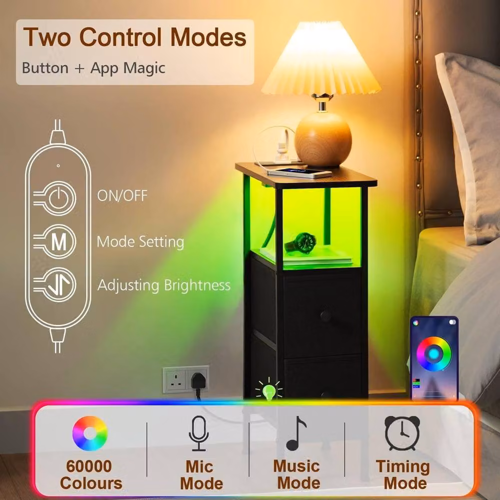 FORGEVIO Slim Bedside Table with Integrated Lighting in Black, W/D/H: 20 x 40 x 59 cm – 3