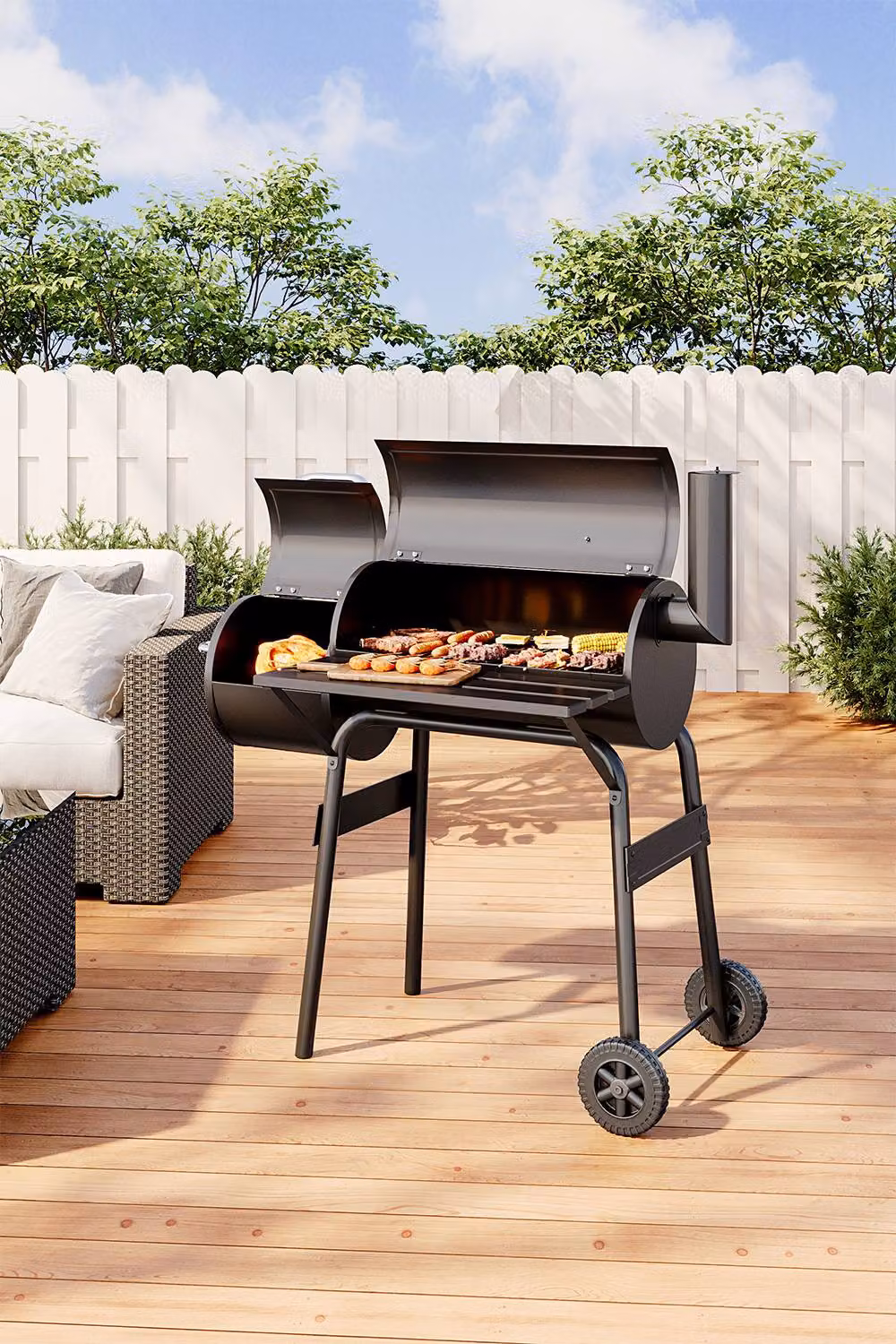 Living and Home Black Steel Barrel Charcoal BBQ with Portable Trolley Wheels – 2