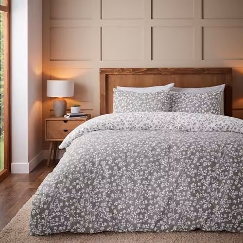 Catherine Lansfield Grace Floral Leaf Reversible Single Duvet Cover and Pillowcase Set, Grey, Cotton Flannelette, W/D/H: 135 x 200 cm, Pillowcase: 50 x 75 cm