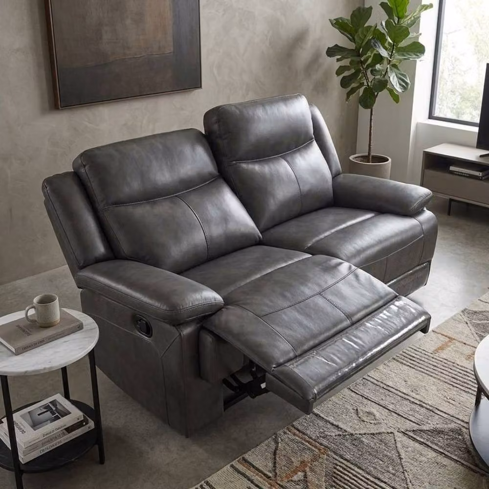 Home Luxe Interior Casper 2 Seater Manual Recliner Sofa in Grey Leather, W/D/H: 120 x 100 x 100 cm – 4