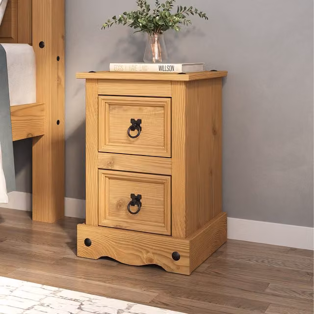 Mews Rustic Waxed Pine 2 Drawer Bedside Table in Brown and Black