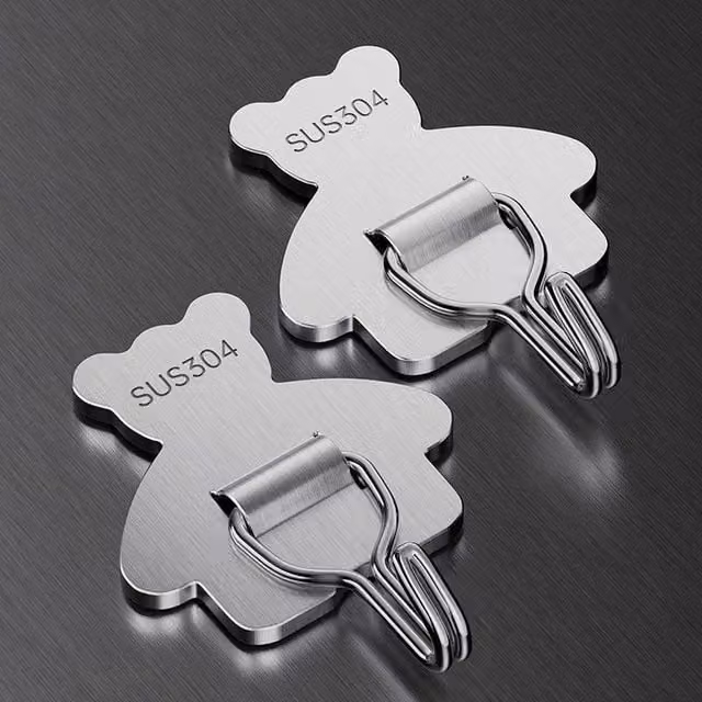 VOGREX 5-Piece Cute Bear Stainless Steel Waterproof Self-Adhesive Wall Hooks in Silver