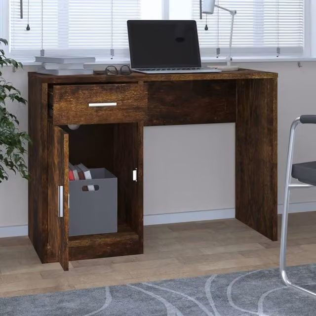 Berkfield Home Engineer Writing Desk in Brown Smoked Oak with Drawer and Cabinet, W/D/H: 100 x 40 x 73 cm – 1