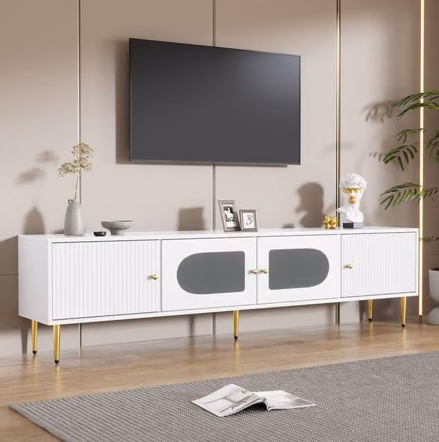 STILVORA Modern White TV Stand with 4 Glass Front Doors, W: 170 cm, D: 50 cm, H: 50 cm