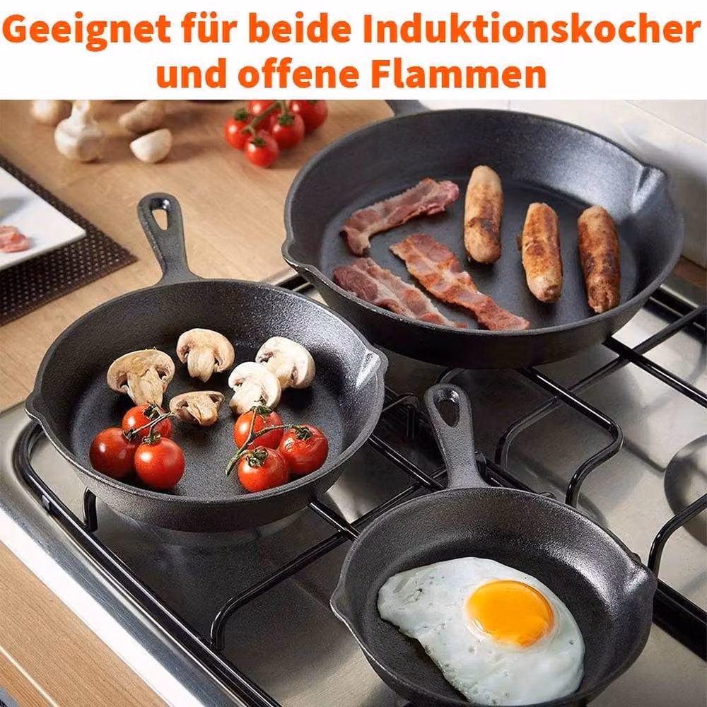 PAWNORA Set of 3 Pre-Seasoned Black Cast Iron Griddle Pans with Pouring Spouts – 5