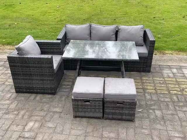 Fimous PE Rattan Outdoor Garden Dining Set in Dark Grey with Oblong Dining Table, Armchair and 2 Small Footstools