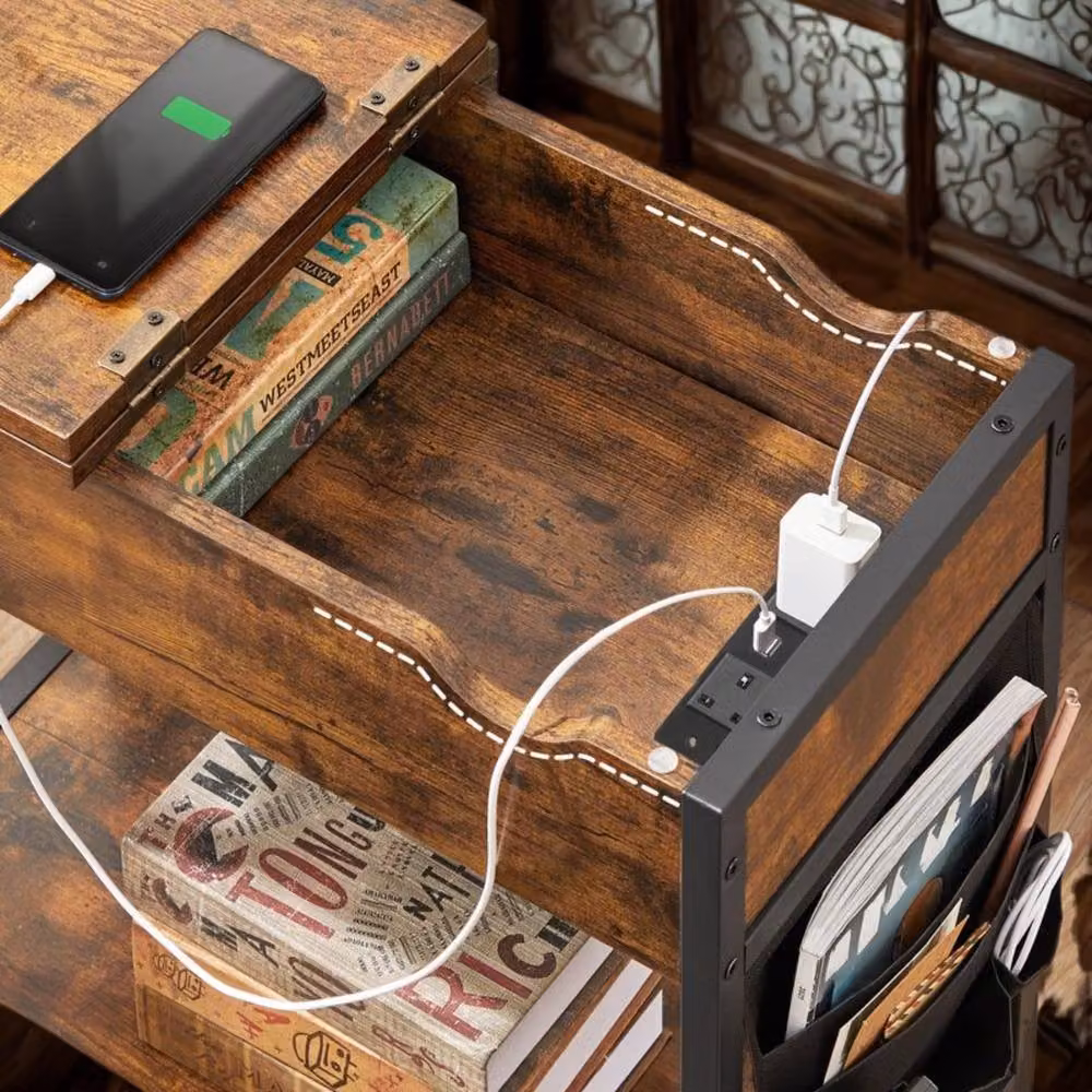 Pirlo Plush Slim Smart Bedside End Table with Power and USB Outlets, Rustic Brown, W/D/H: 31.5 x 60 x 60 cm – 2