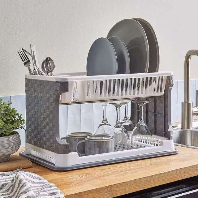 Clarsen 2-Tier Dish Drainer with Removable Drip Tray and Cutlery Holder in Grey and Multicolour
