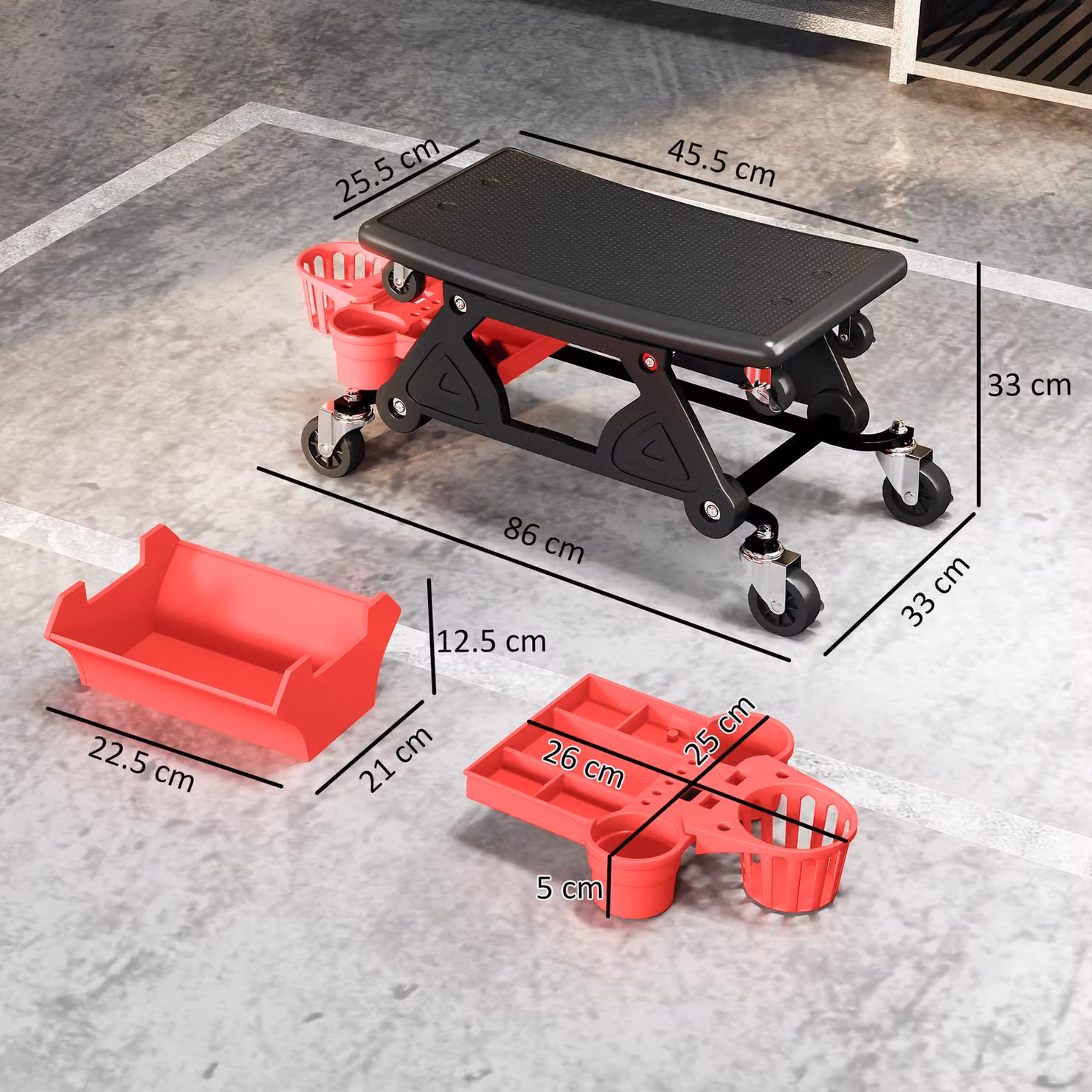 HOMCOM Red Rolling Mechanic Stool with 360 Degree Swivel Wheels and Tool Trays – 3