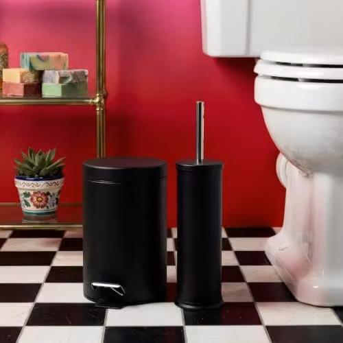 Harbour Housewares 3L Round Stainless Steel Pedal Bin and Toilet Brush Set in Black