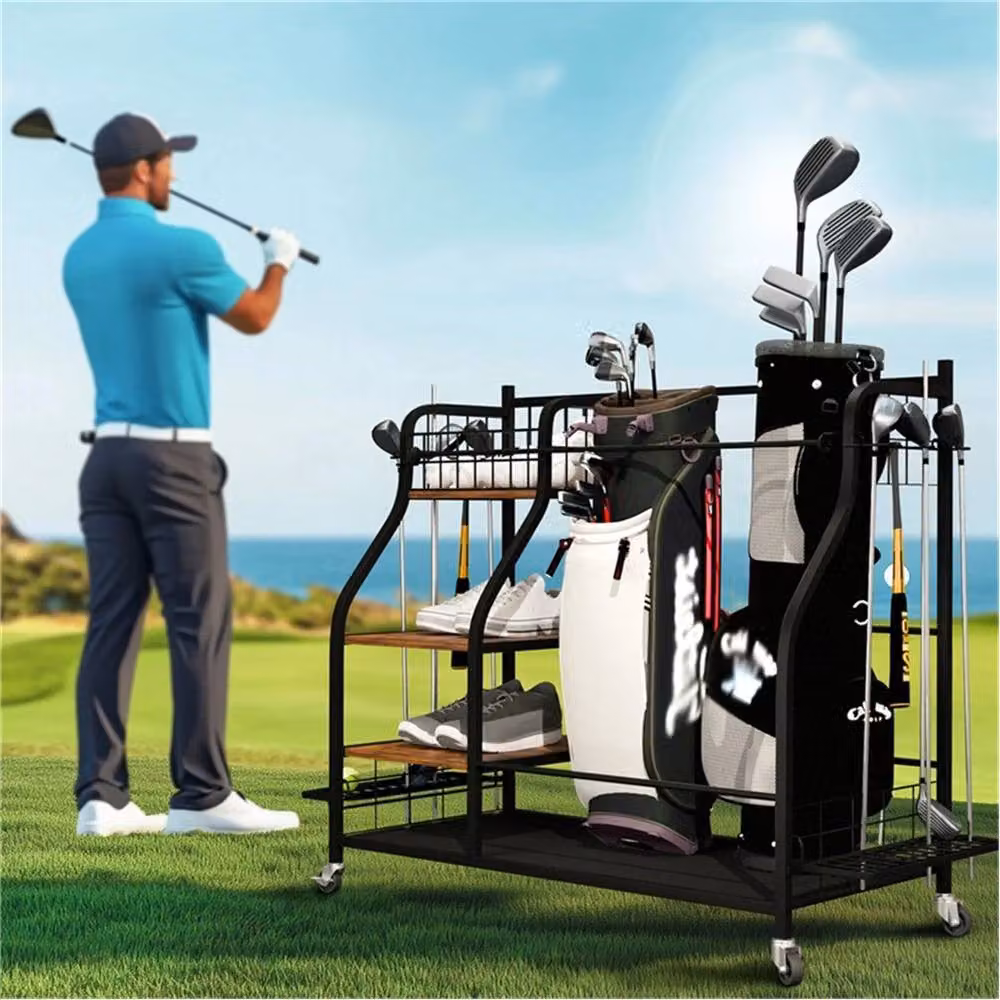 Nordara Metal Garage Golf Storage Organizer in Black for 2 Golf Bags and Club Basket – 4