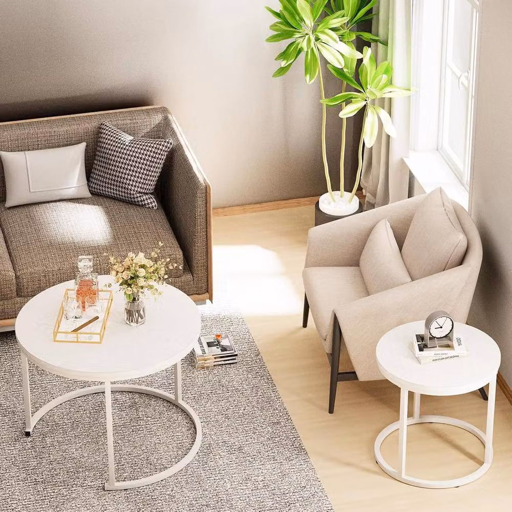 Huhote Set of 2 Round Nesting Side Tables with Matt White Metal Frame – 4