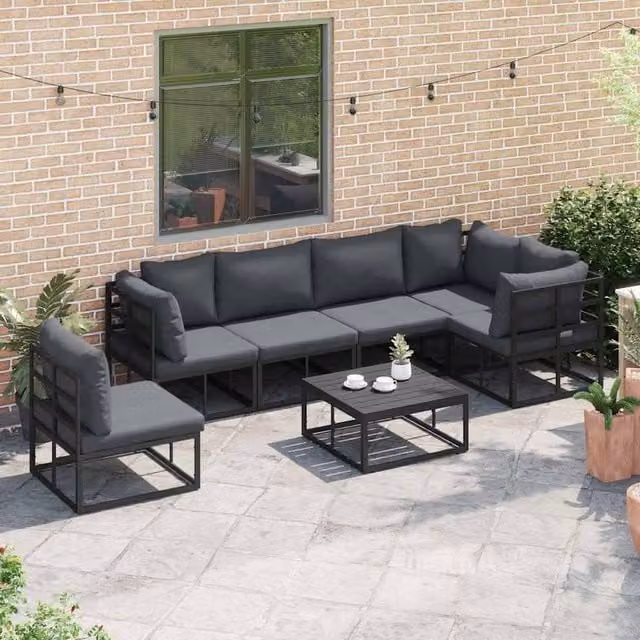 Berkfield Home 6-Piece L-Shape Garden Sofa Set with Upholstered Cushions and Pillows in Black Powder Coated Aluminium