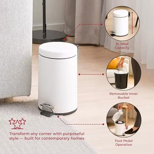 Innoteck Essentials Round Pedal Bin, 3 Litre, Matt White, Powder Coated Steel – 2