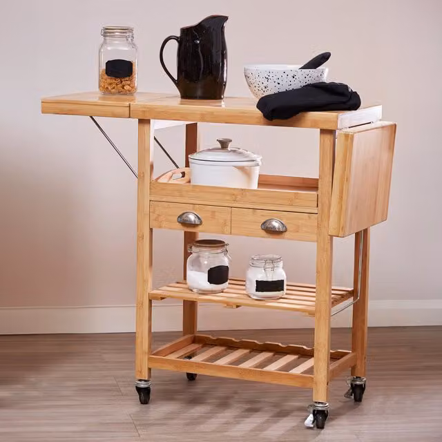 Orsina Modern Bamboo Kitchen and Garden Trolley with Drop Leaf and Castors, Brown/Beige, W/D/H: 125.0 x 90.0 x 18.0 cm