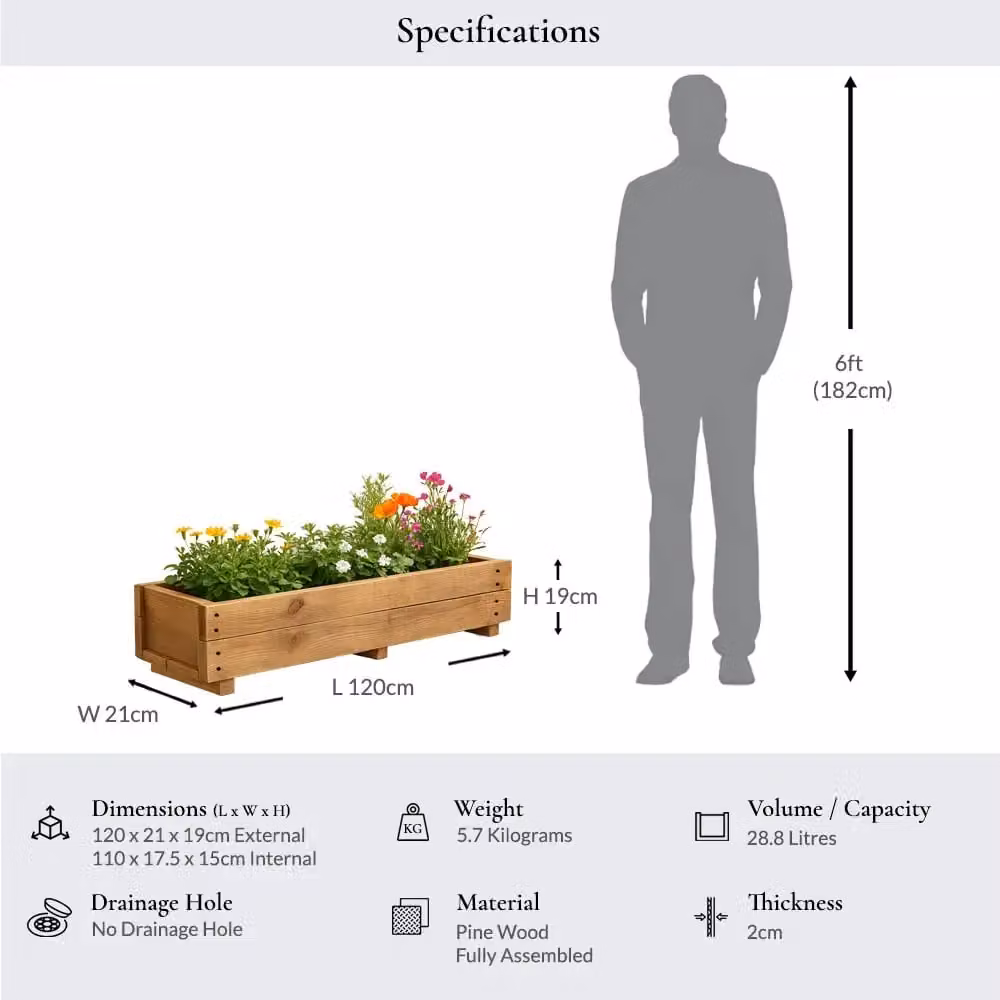 Access Garden Products Brown Wooden Window Box Planter W: 21.0 cm, D: 19.0 cm, H: 21.0 cm – 6
