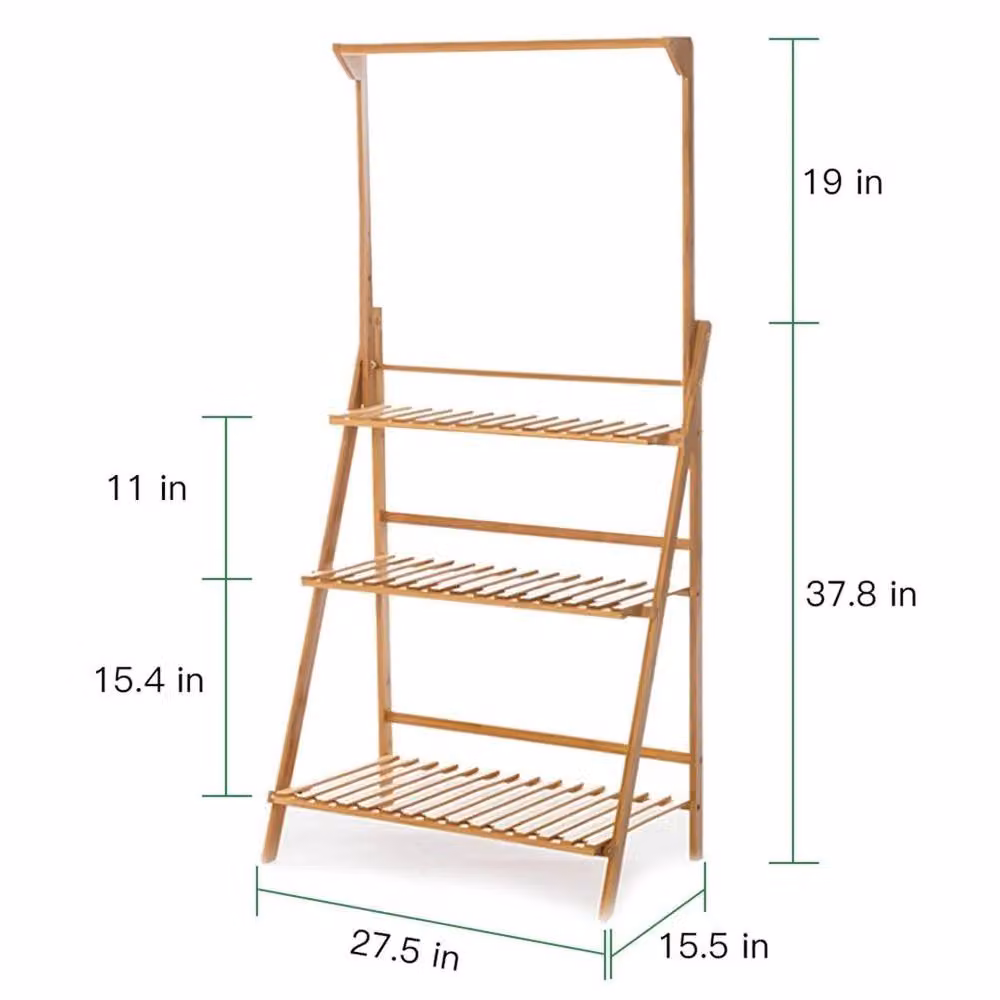 EONLION 3 Tier Ladder Fold Shelf with Hanging Rack in Brown – 2