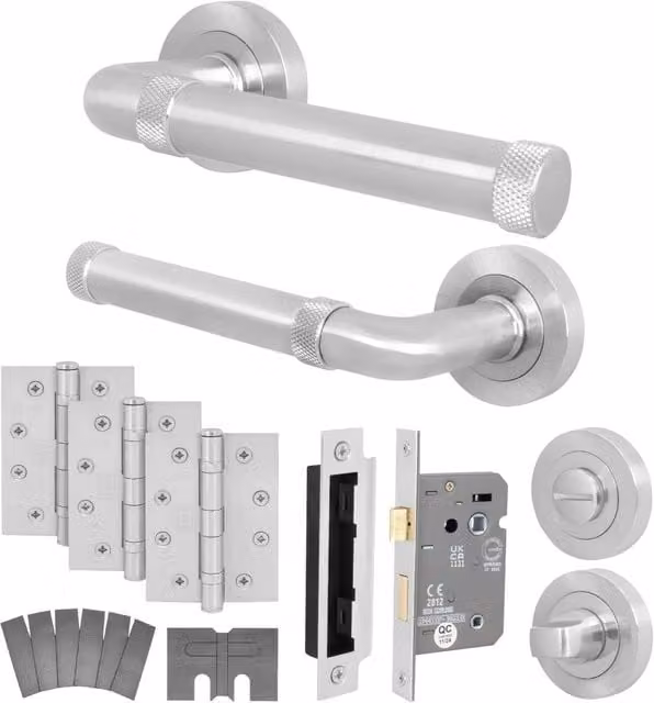 AFIT Satin Nickel Bathroom Fire Door Handle Set in Silver with Lock and Hinges – 1
