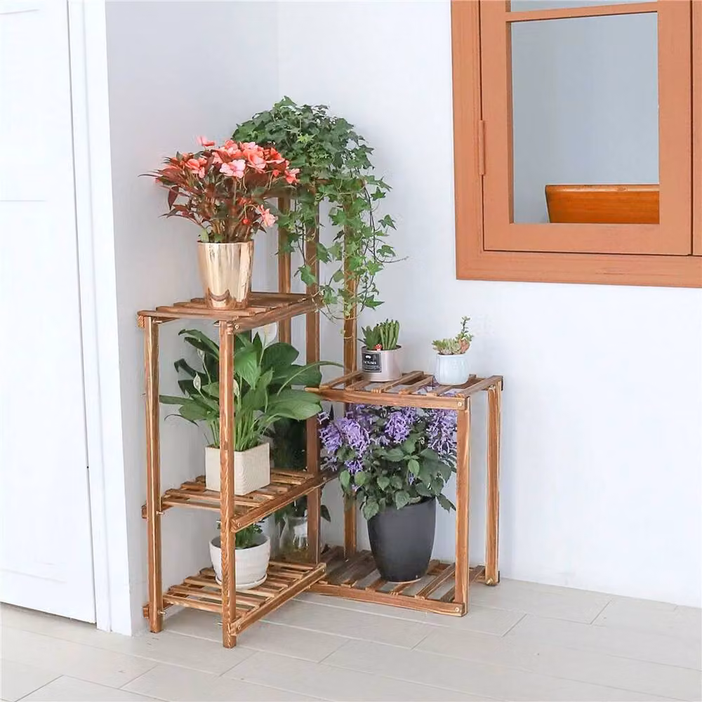 NESTLUNE Brown Pine Wood Plant Stand and Flower Pot Rack, H 100 x W 60 x D 15 cm – 3