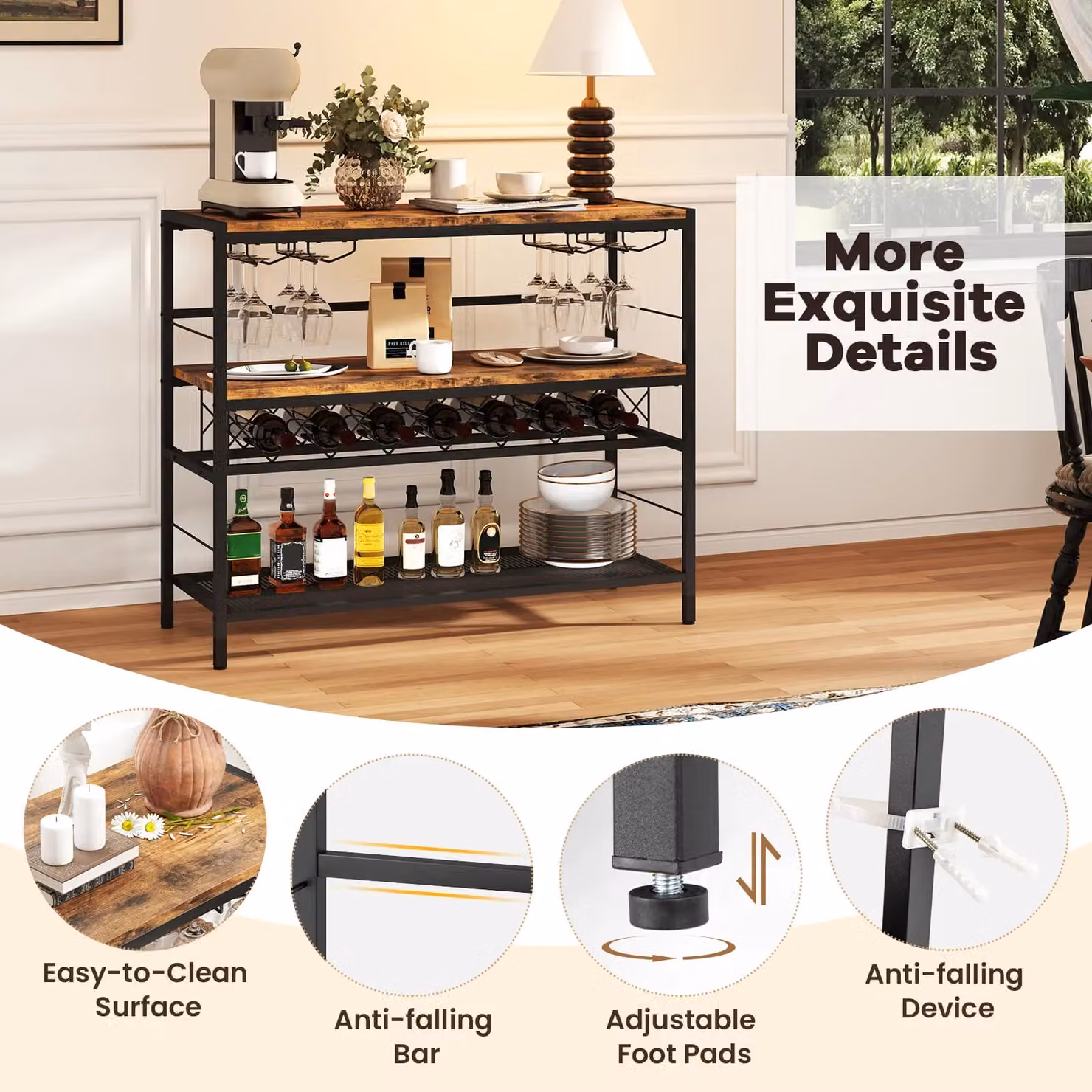 Gymax Industrial Freestanding Wine Bar Table with 4 Glass Holders in Brown – 6