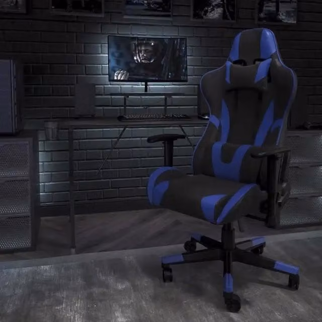 FWStyle Black and Blue Faux Leather Bucket Seat Racer Gaming Chair with Headrest and Armrests