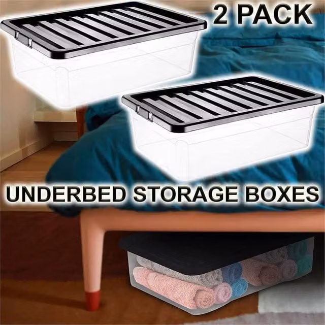 SPETLEK Set of 2 Stackable Underbed Storage Boxes with Lids, Black and Transparent, 32L Each – 1
